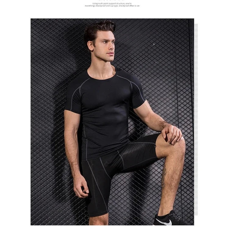 Camisa de compressão masculina moda show secagem rápida, Pescoço redondo, Uso de construção corporal, Esportes, Fitness, Esportes, Treinamento