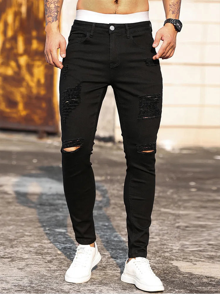 moda preto rasgado calças de borda magro dos homens calças nova primavera casual jeans para homens