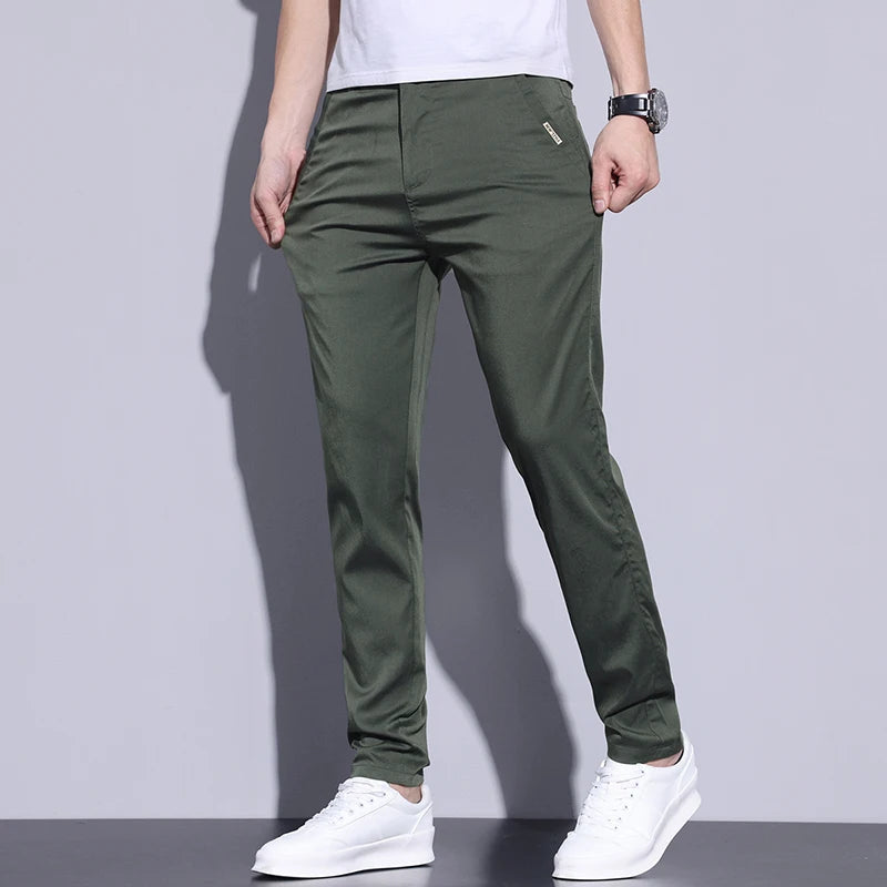 Calça casual coreana clássica masculina, justa para negócios, calça masculina de algodão esticar, tamanho grande 28-38, primavera moda