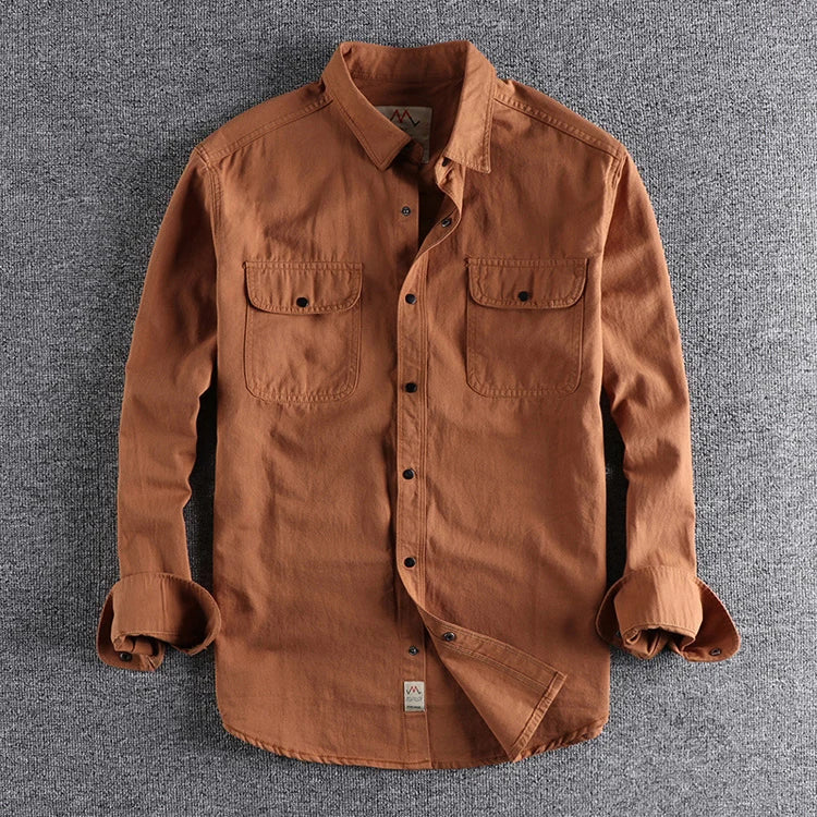 Camisa Safari de manga comprida de algodão lavada masculina, cardigã retrô de dois pocket, moda slim simples, primavera e outono