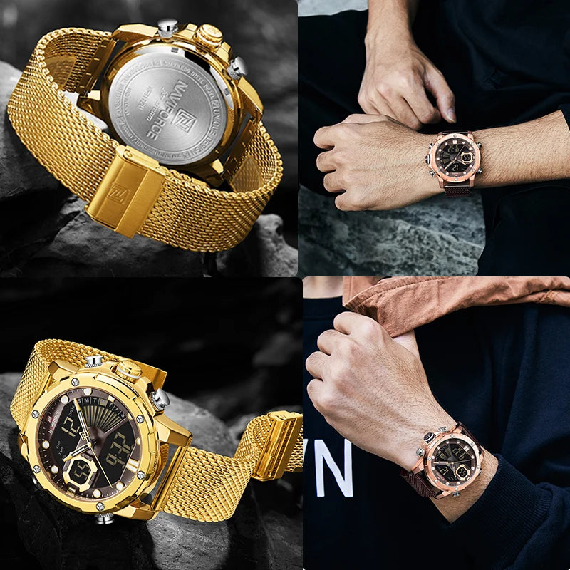 Relógio Moonphase Marca masculino quartzo relógio de pulso esportivo militar, relógios originais para homens, Dual Display, malha de aço, relógio impermeável