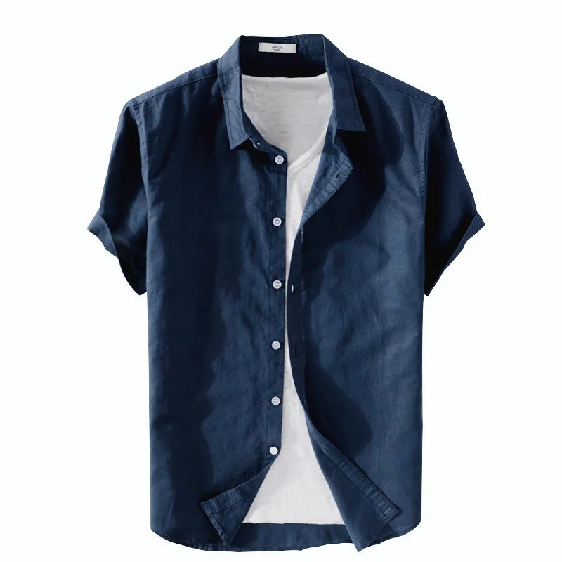 Camisa Lagoon Algodão e linho masculino camisa de manga curta lapela camisa casual verão cor sólida topo