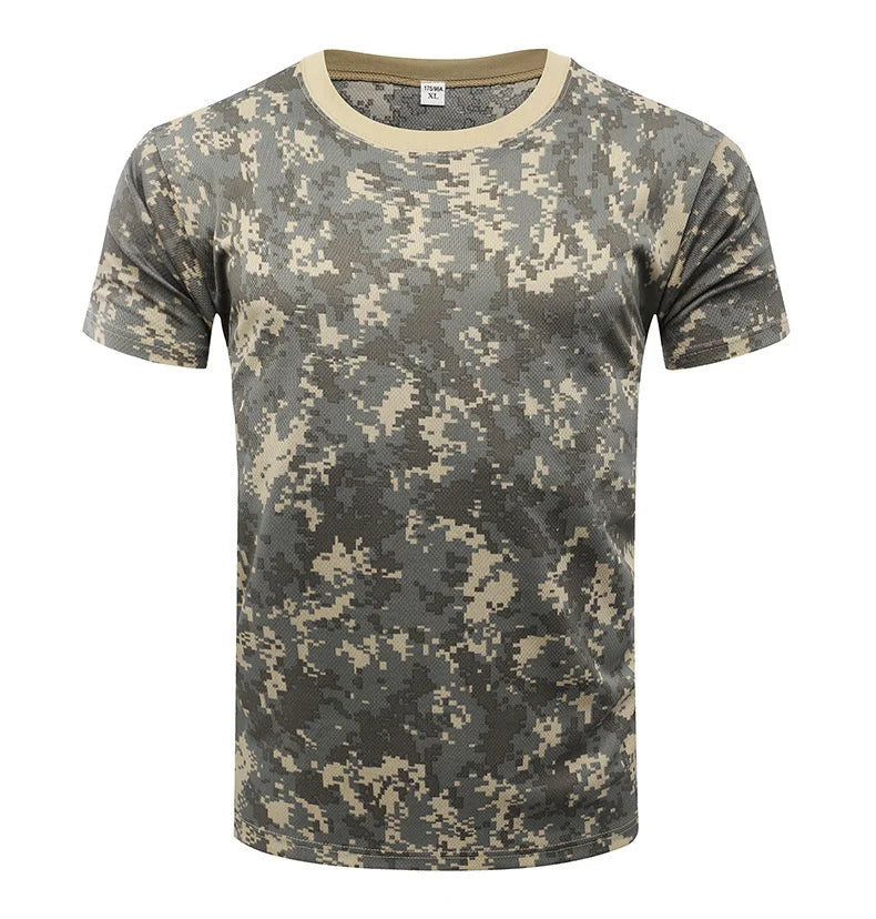 Camiseta de manga curta masculina, secagem rápida, treinamento físico ao ar livre, roupa masculina, tops táticos de camuflagem, camiseta verão