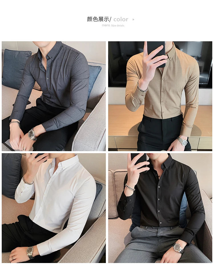 Camisa de manga comprida masculina,macia anti-rugas,elástica, slim fit, monocromática, estilo britânico, casual.