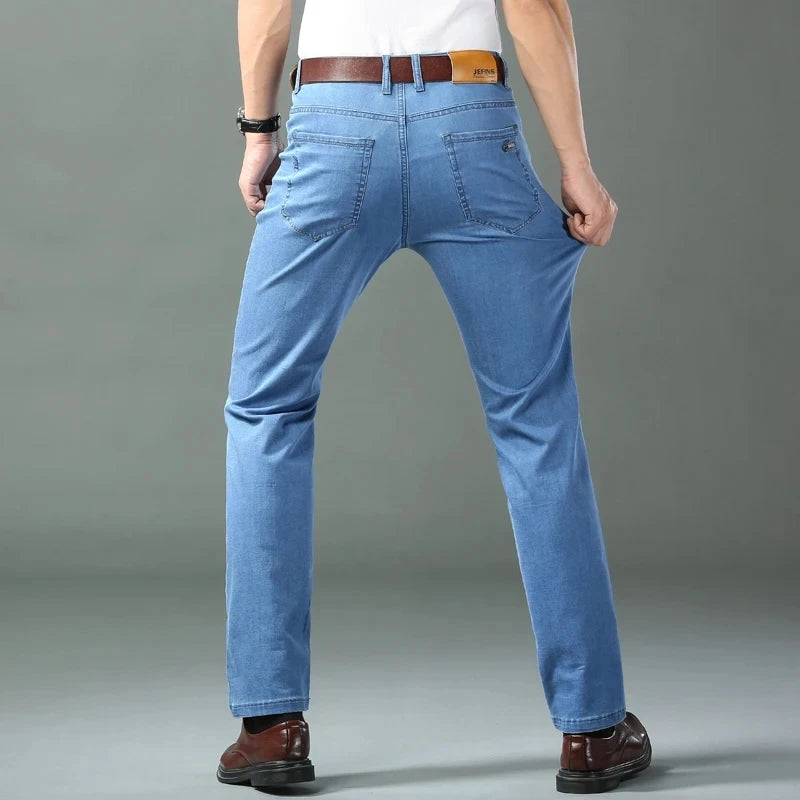 Calça jeans para homens de algodão fina, jeans de cintura alta, seda gelo, calça leve, pano casual para negócios, primavera e verão