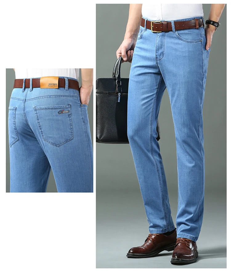 Calça jeans para homens de algodão fina, jeans de cintura alta, seda gelo, calça leve, pano casual para negócios, primavera e verão