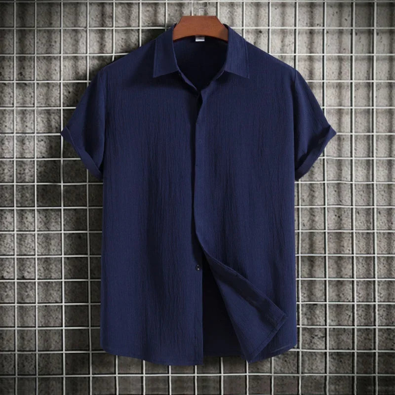 Camisa Riviera de botão manga curta masculina, camisa solta, roupa sólida, novo