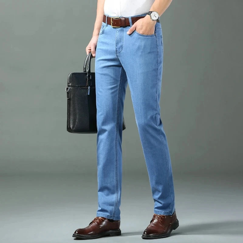 Calça jeans para homens de algodão fina, jeans de cintura alta, seda gelo, calça leve, pano casual para negócios, primavera e verão