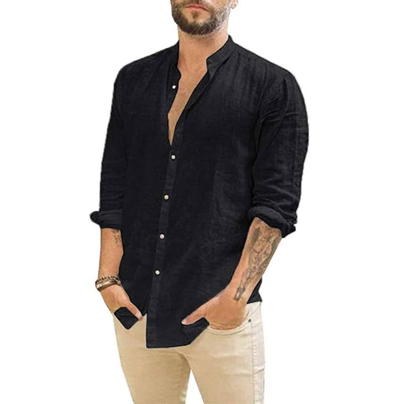 Camisa masculina de linho de algodão de manga comprida, gola alta, casual estilo praia, verão, venda quente