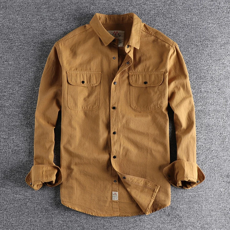 Camisa Safari de manga comprida de algodão lavada masculina, cardigã retrô de dois pocket, moda slim simples, primavera e outono