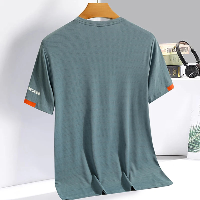 Camiseta de seda gelo gola redonda, fitness simples corrida, camiseta fina respirável, camiseta de secagem rápida, verão