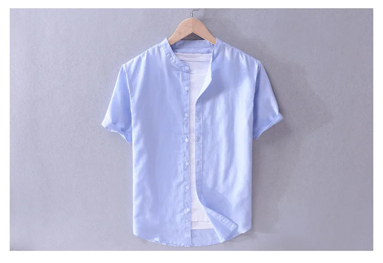 Camisa Lagoon de linho de algodão masculino manga curta gola simples camisa casual masculino