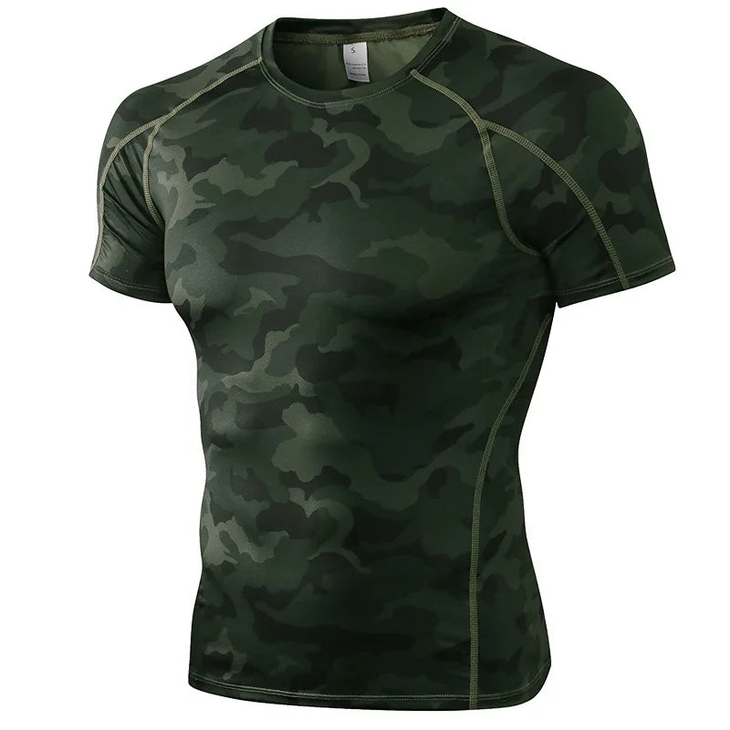 Camisa de compressão masculina moda show secagem rápida, Pescoço redondo, Uso de construção corporal, Esportes, Fitness, Esportes, Treinamento