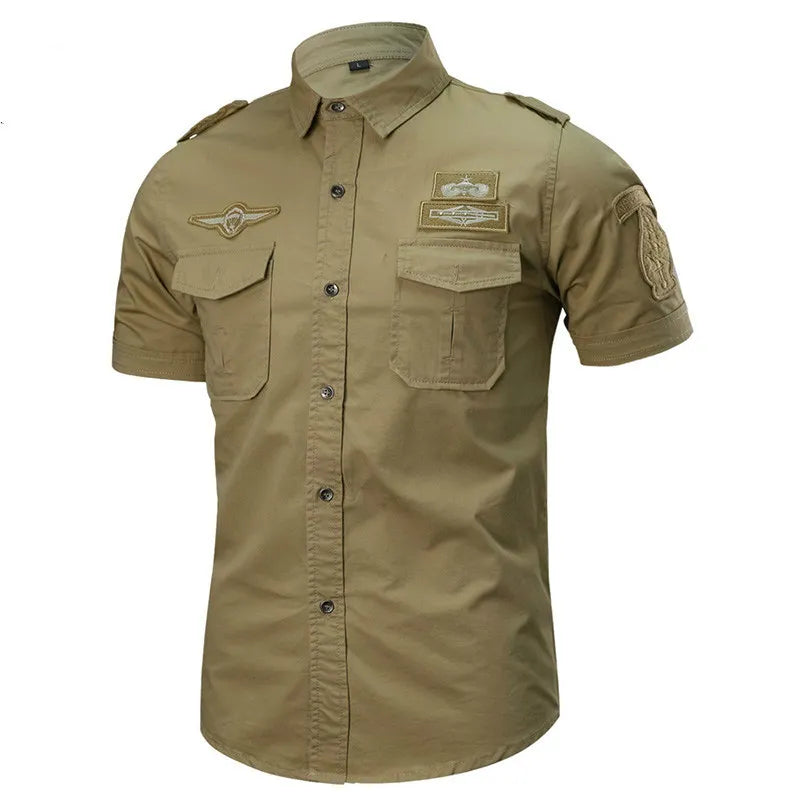 Camisa militar dos homens algodão manga curta tático,masculino casual moda