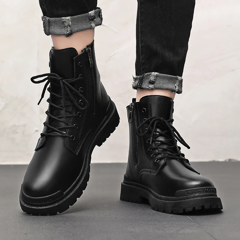 Bota de couro de masculina, botas curtas com renda,de motociclista sapatos de trabalho para jovens,alta qualidade.