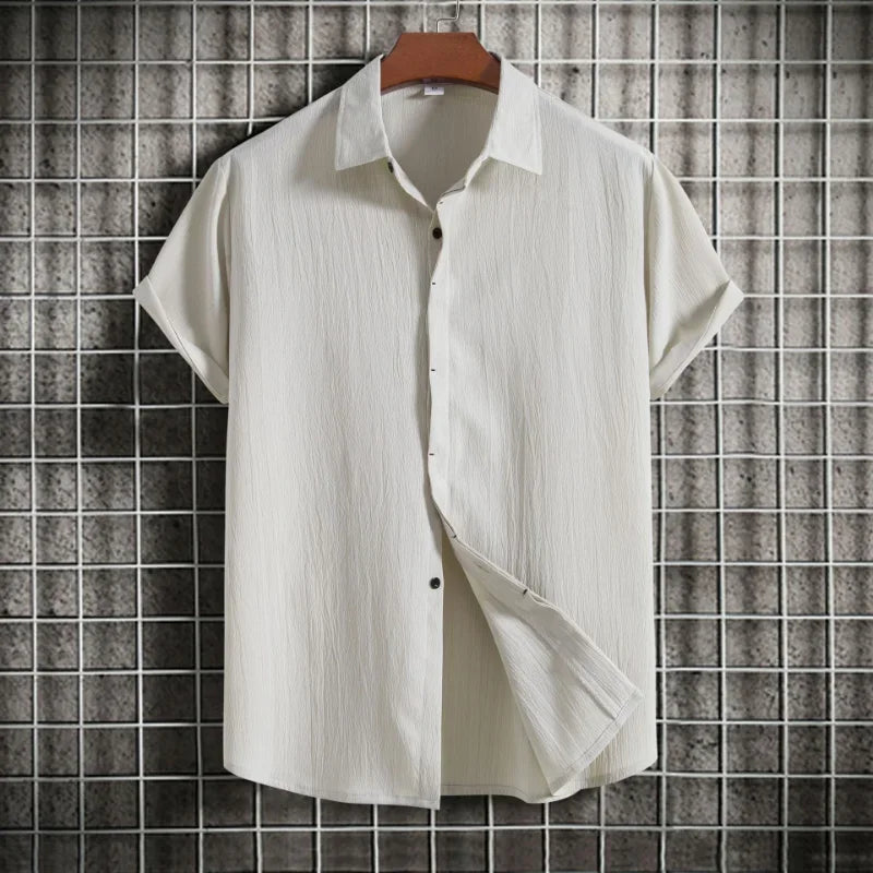 Camisa Riviera de botão manga curta masculina, camisa solta, roupa sólida, novo