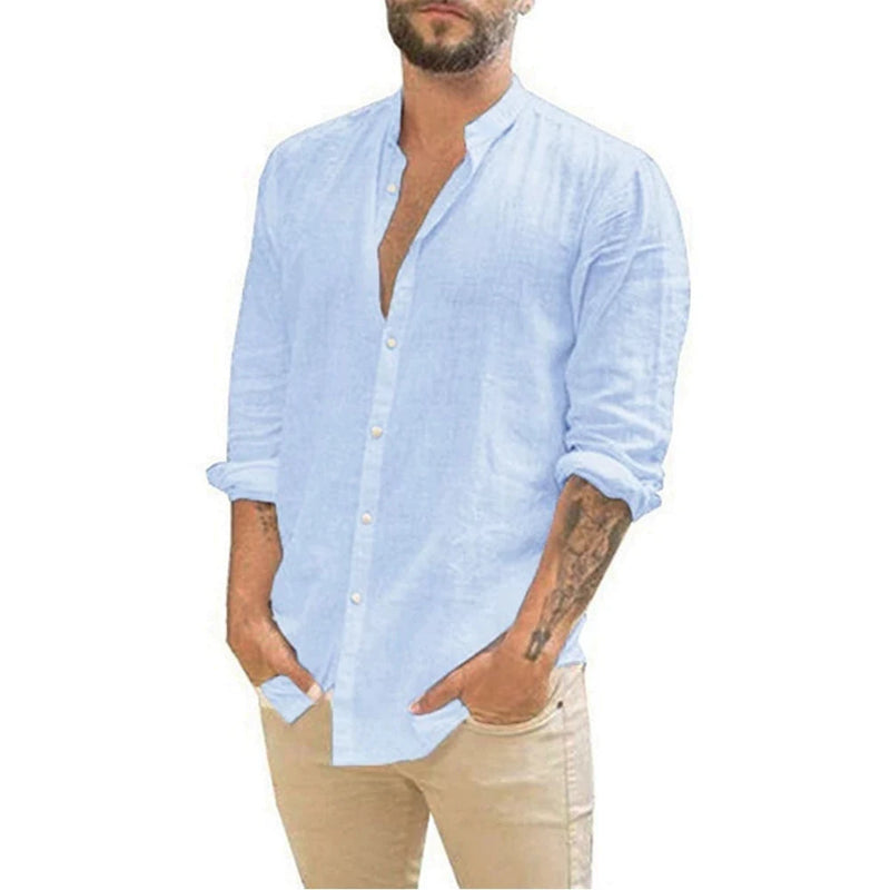 Camisa masculina de linho de algodão de manga comprida, gola alta, casual estilo praia, verão, venda quente