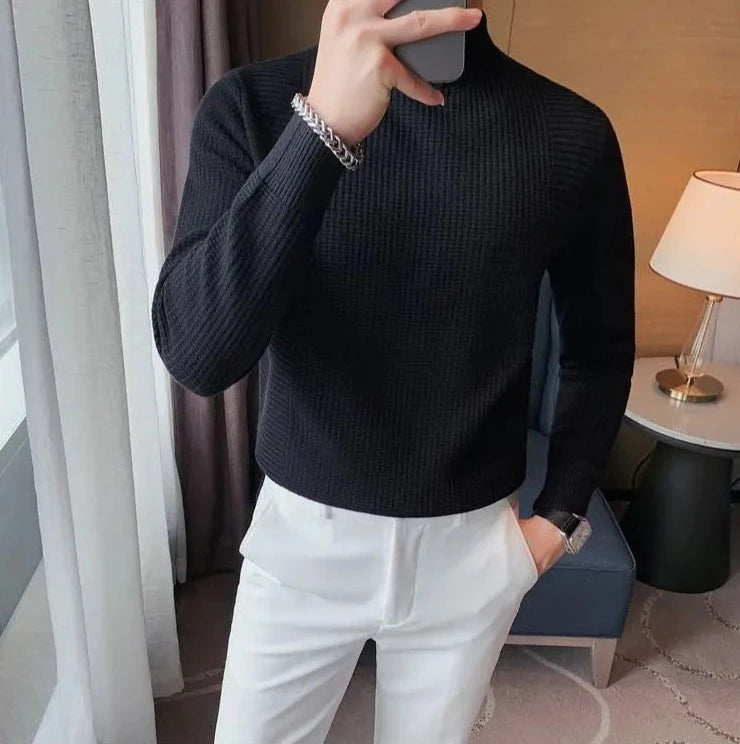 Suéter inverno charmoso de malha,moda masculina malha elegante gola alta simples e espessa, estilo interior quente, casual e bonito, slim fit, nova moda