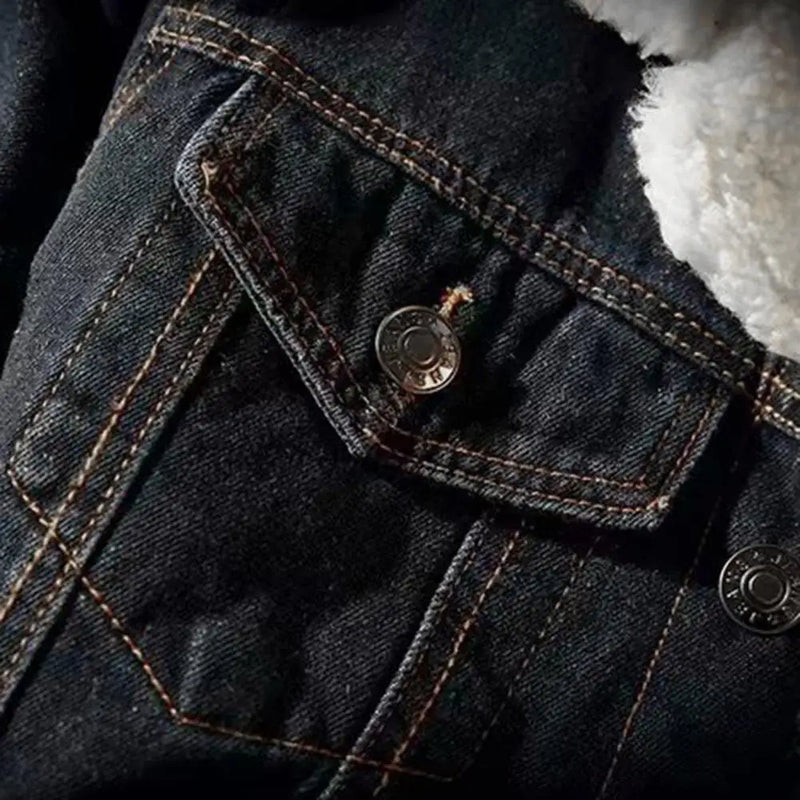 Casaco jeans de peito único masculino, jaqueta jean grossa, forro de caxemira cordeiro, monocromático, vestuário anticolante, inverno