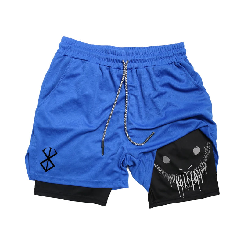 Shorts de corrida anime masculino, deck duplo, treinamento,secagem rápida, treino, jogging, esportes, fitness, verão, 2 em 1