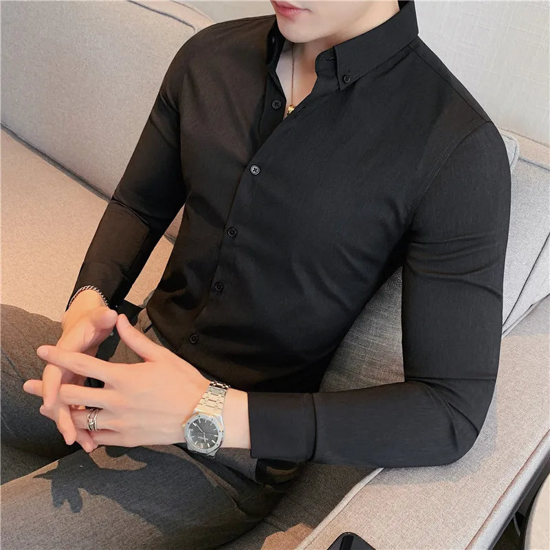 Camisa de manga comprida masculina,macia anti-rugas,elástica, slim fit, monocromática, estilo britânico, casual.