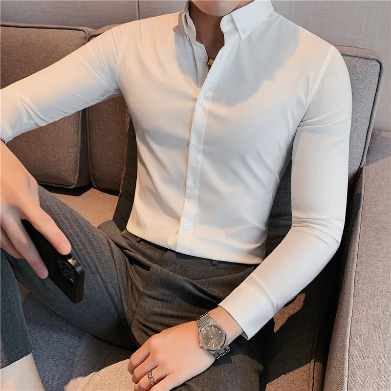 Camisa de manga comprida masculina,macia anti-rugas,elástica, slim fit, monocromática, estilo britânico, casual.