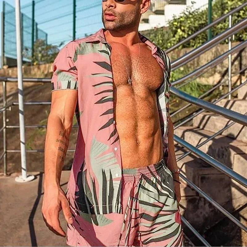 Conjunto masculino novo casual solto praia três cores estampado manga curta conjunto camisa shorts 2 peças