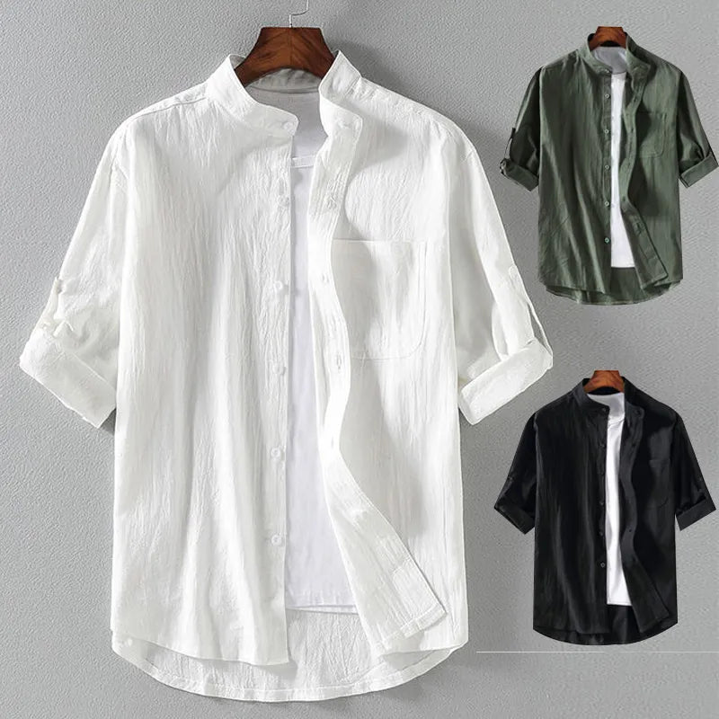 Camisa elegante Primavera e verão Stand colarinho de cinco pontos meados masculina de sete pontos de manga grande.