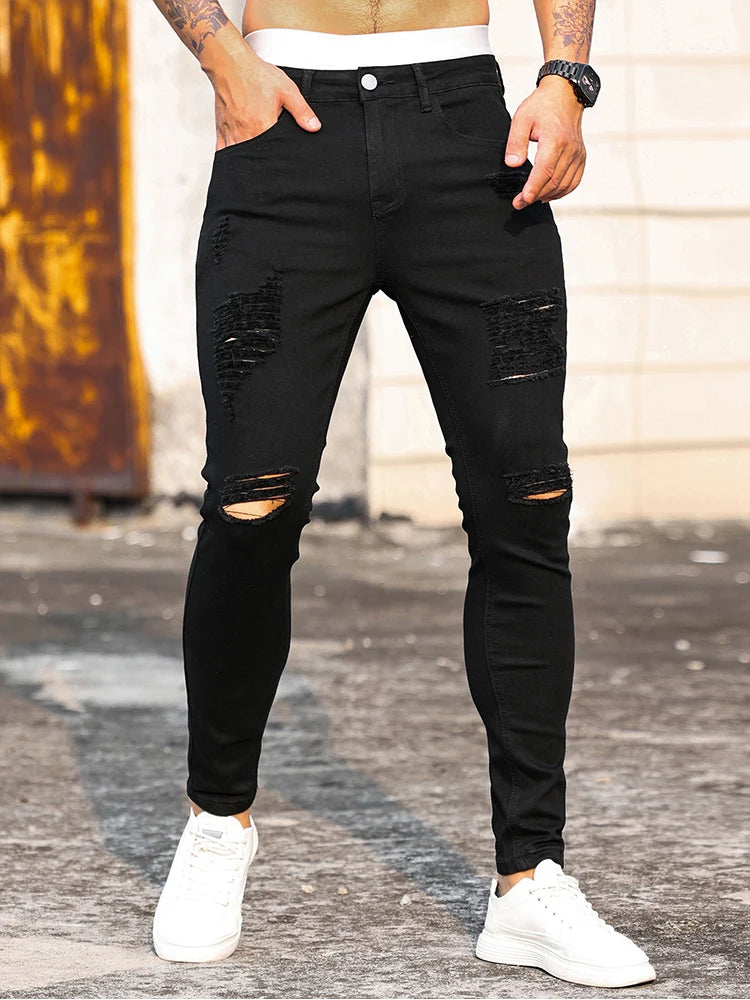 moda preto rasgado calças de borda magro dos homens calças nova primavera casual jeans para homens