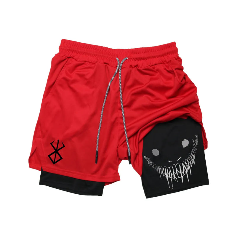 Shorts de corrida anime masculino, deck duplo, treinamento,secagem rápida, treino, jogging, esportes, fitness, verão, 2 em 1