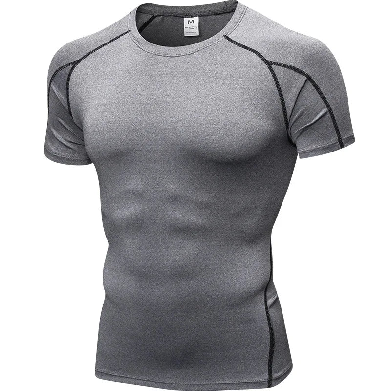 Camisa de compressão masculina moda show secagem rápida, Pescoço redondo, Uso de construção corporal, Esportes, Fitness, Esportes, Treinamento