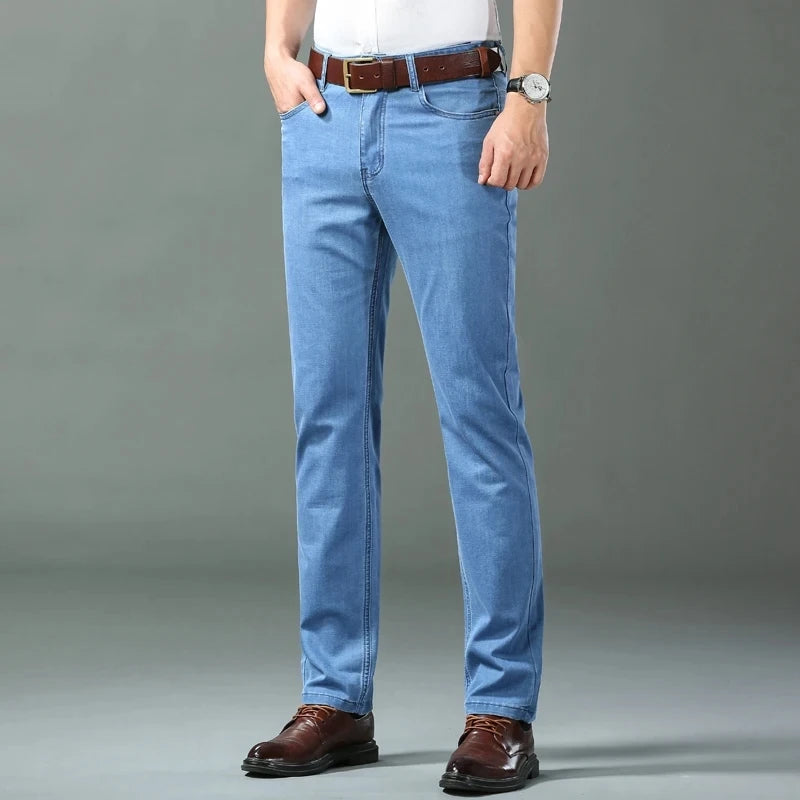 Calça jeans para homens de algodão fina, jeans de cintura alta, seda gelo, calça leve, pano casual para negócios, primavera e verão