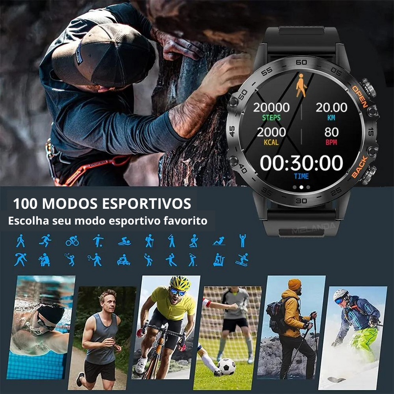 Relógio Inteligente rico em funções em Aço inoxidavél para Homens, Chamada Bluetooth, Rastreador de Fitness Esportivo, Smartwatch IP68 à Prova D 'Água para Android IOS, K52, 1.39"