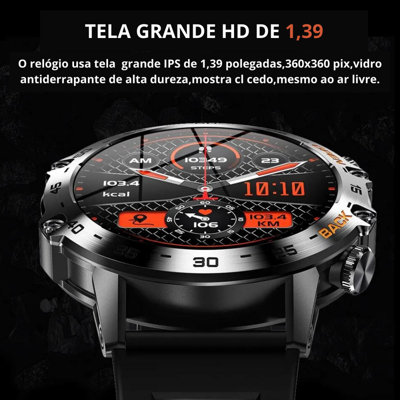 Relógio Inteligente rico em funções em Aço inoxidavél para Homens, Chamada Bluetooth, Rastreador de Fitness Esportivo, Smartwatch IP68 à Prova D 'Água para Android IOS, K52, 1.39"