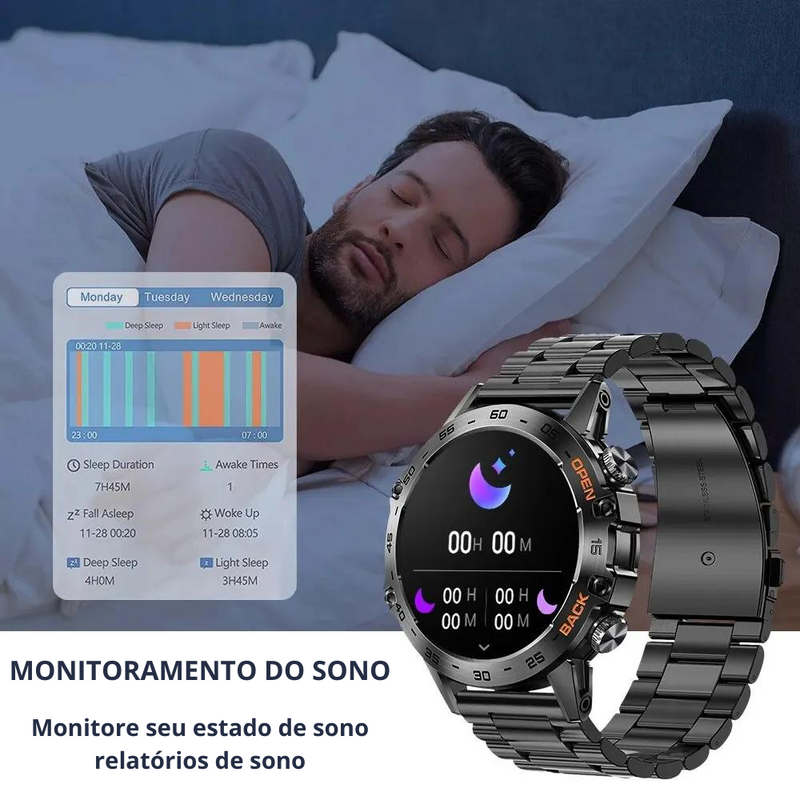 Relógio Inteligente rico em funções em Aço inoxidavél para Homens, Chamada Bluetooth, Rastreador de Fitness Esportivo, Smartwatch IP68 à Prova D 'Água para Android IOS, K52, 1.39"