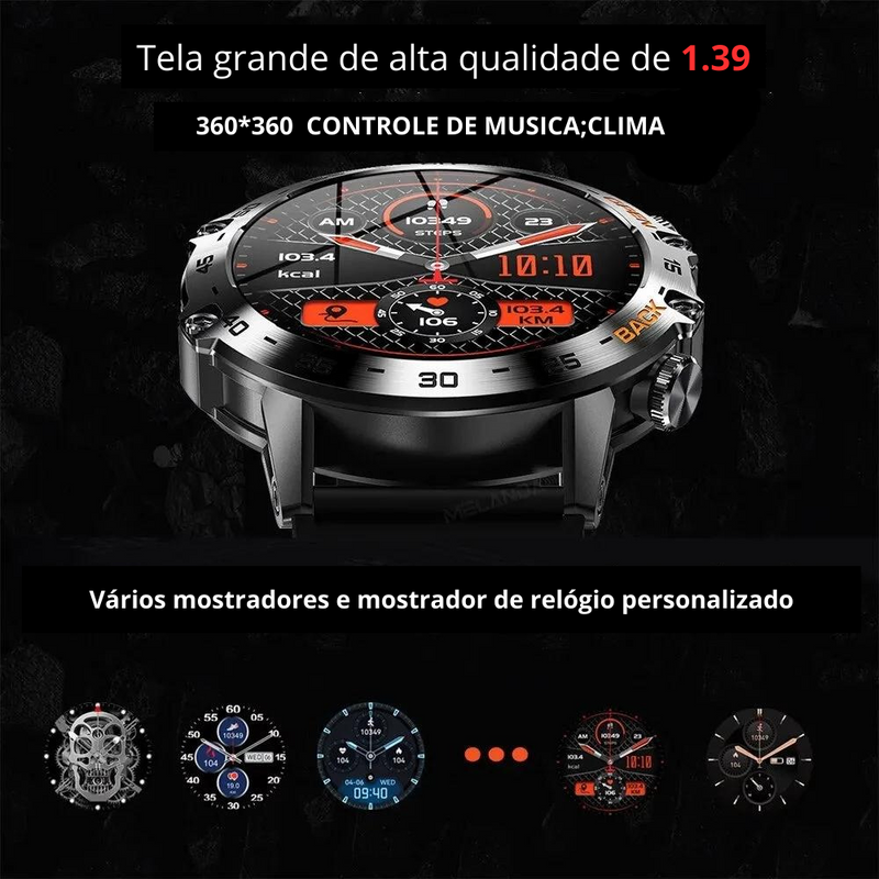 Relógio Inteligente rico em funções em Aço inoxidavél para Homens, Chamada Bluetooth, Rastreador de Fitness Esportivo, Smartwatch IP68 à Prova D 'Água para Android IOS, K52, 1.39"