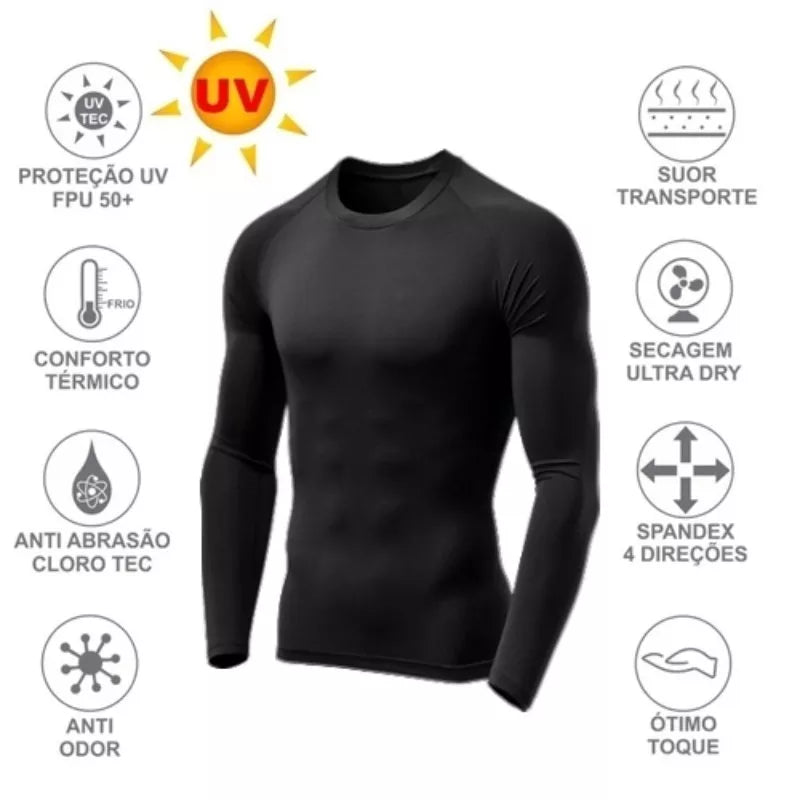 Pacote com 2 Camisetas Proteção Térmica Solar Ciclismo Compressão Segunda Pele Tecido Gelado UV 50