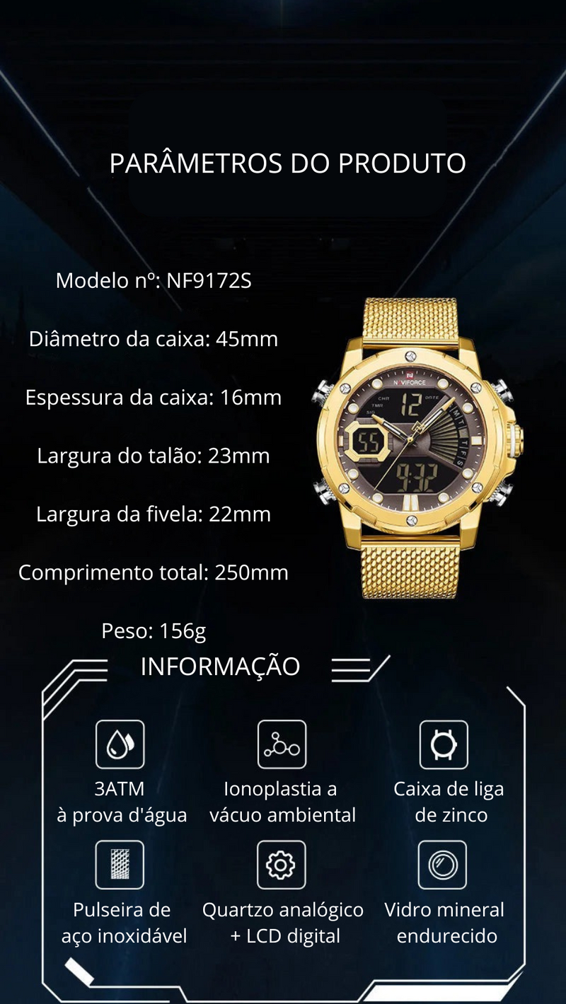 Relógio Moonphase Marca masculino quartzo relógio de pulso esportivo militar, relógios originais para homens, Dual Display, malha de aço, relógio impermeável